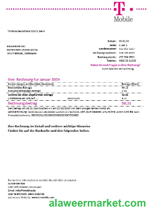 Germany T Mobile business utility bill template in Word and PDF formats